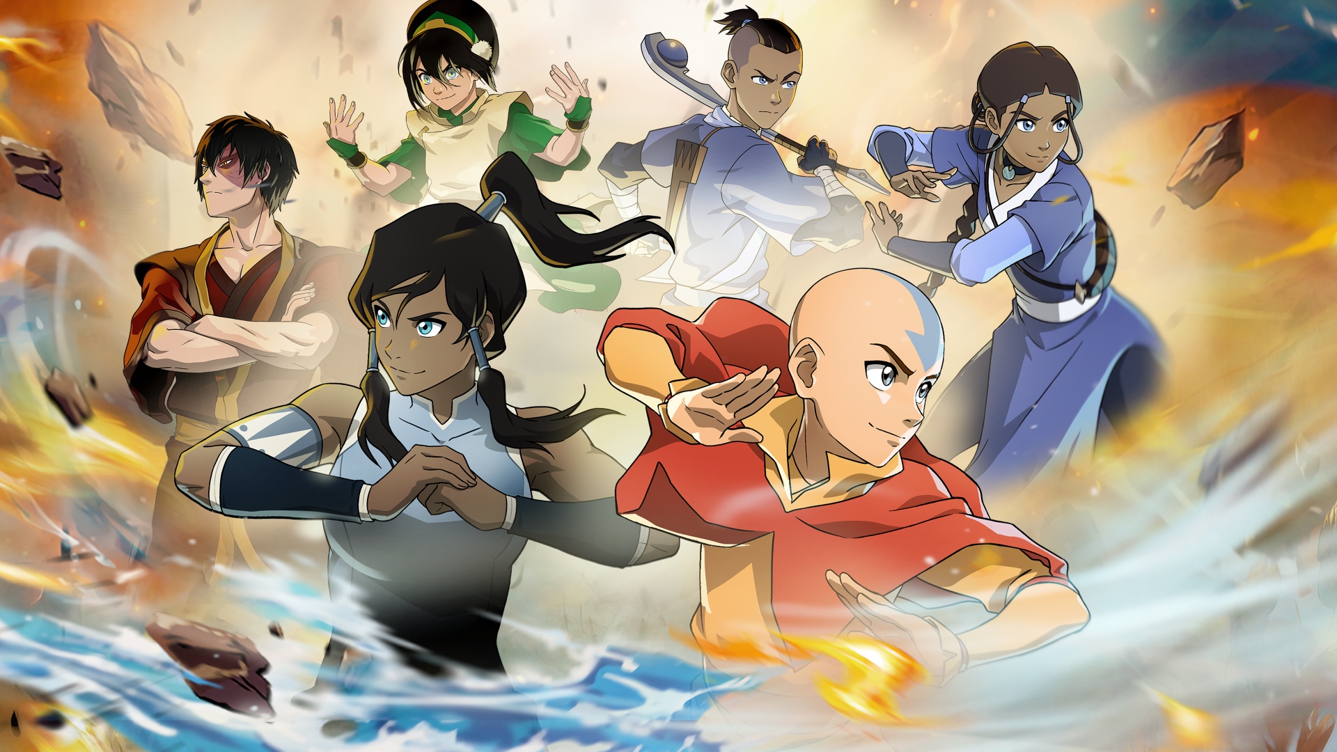 Avatar Legends: The Fighting Game key art — Aang, Korra, Katara, Sokka, Toph, and Zuko amid the four elements